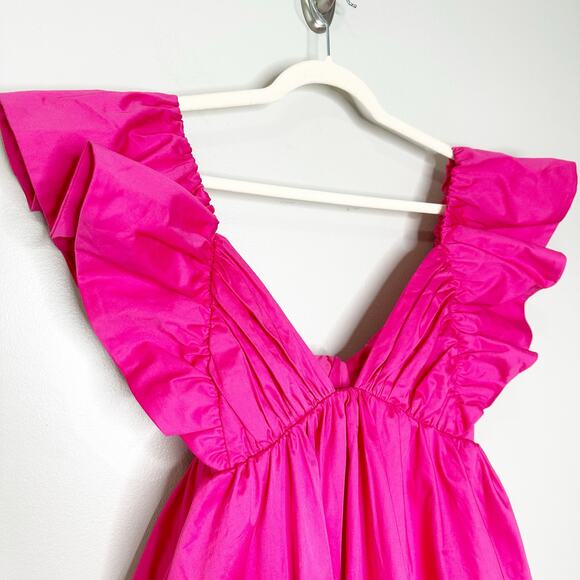 For Love & Lemons Clementine Poplin Babydoll Mini Dress Ruffle Cap Sleeve Pink M - Picture 6 of 13